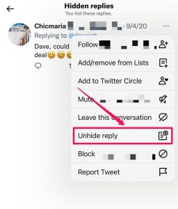 Unhide a Reply on Twitter 